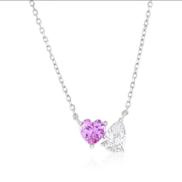 Pink Heart White Pear-Shaped Cubic Zirconia You & Me Necklace in Sterling Silver - Picture 1 of 12